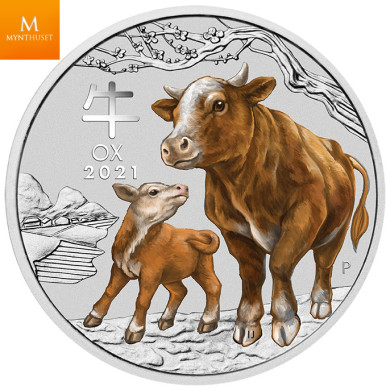 Australia Lunar Series III - Year of the Ox 2021 1 oz .9999 Sølv Coloured Coin kvalitet BU Australia Lunar Series III - Year of the Ox 2021 1 oz .9999 Sølv Coloured Coin kvalitet BU