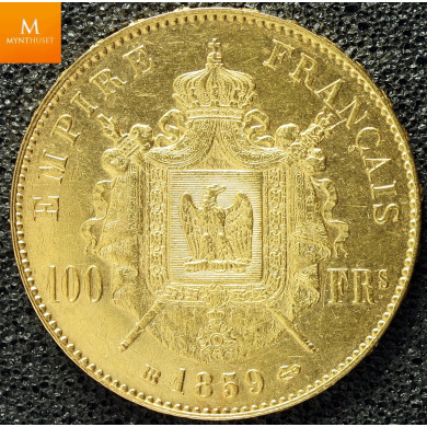 France 100 Francs Napoleon III 1859 BB Strasbourg gull i kvalitet 01  France 100 Francs Napoleon III 1859 BB Strasbourg gull i kvalitet 01