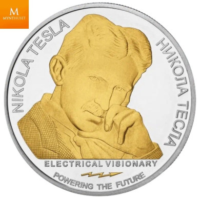 Serbia 2023 1 oz Gilded Silver 100 Dinar Tesla Secret of the Universe BU i Kapsel