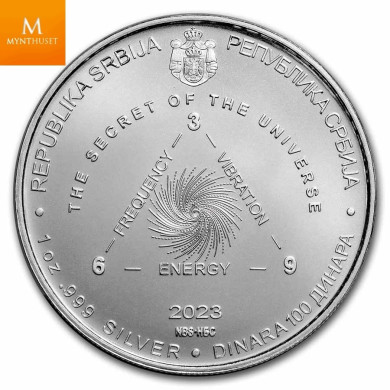 Serbia 2023 1 oz Gilded Silver 100 Dinar Tesla Secret of the Universe BU i Kapsel