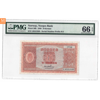 10 kroner 1948 I.0541940 kvalitet 0, PMG MS66 EPQ 10 kroner 1948 I.0541940 kvalitet 0, PMG MS66 EPQ