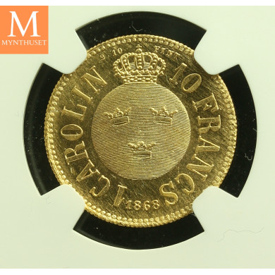 SWEDEN Karl XV 10 Francs / 1 Carolin 1868 Stockholm kvalitet 0/01, NGC MS64