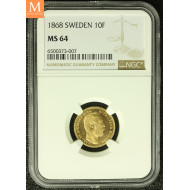 SWEDEN Karl XV 10 Francs / 1 Carolin 1868 Stockholm kvalitet 0/01, NGC MS64
