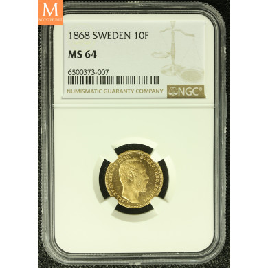 SWEDEN Karl XV 10 Francs / 1 Carolin 1868 Stockholm kvalitet 0/01, NGC MS64