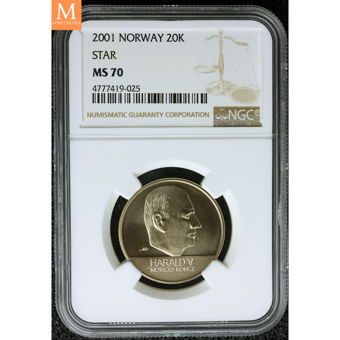 20 kroner 2001 med stjerne i perfekt kvalitet 0 , NGC MS70