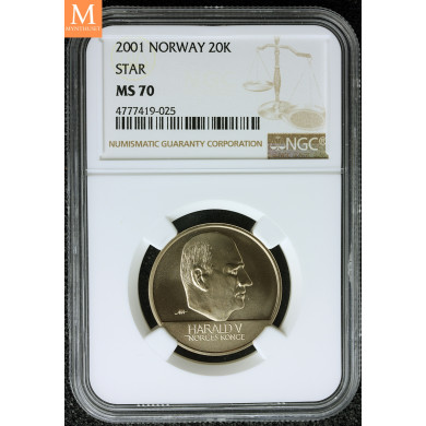 20 kroner 2001 med stjerne i perfekt kvalitet 0 , NGC MS70