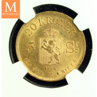 20 kroner 5 SP 1874 kvalitet 0/01, NGC MS63