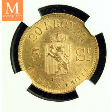 20 kroner 5 SP 1874 kvalitet 0/01, NGC MS63
