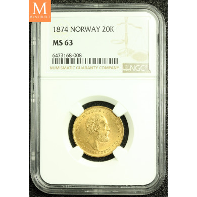 20 kroner 5 SP 1874 kvalitet 0/01, NGC MS63