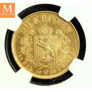 20 kroner 5 SP 1874 kvalitet 0/01, NGC MS63