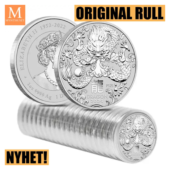 Originalrull (20 oz) Australia 2024 1 oz Sølv Lunar S3 Year of the Dragon BU M/Kapsel