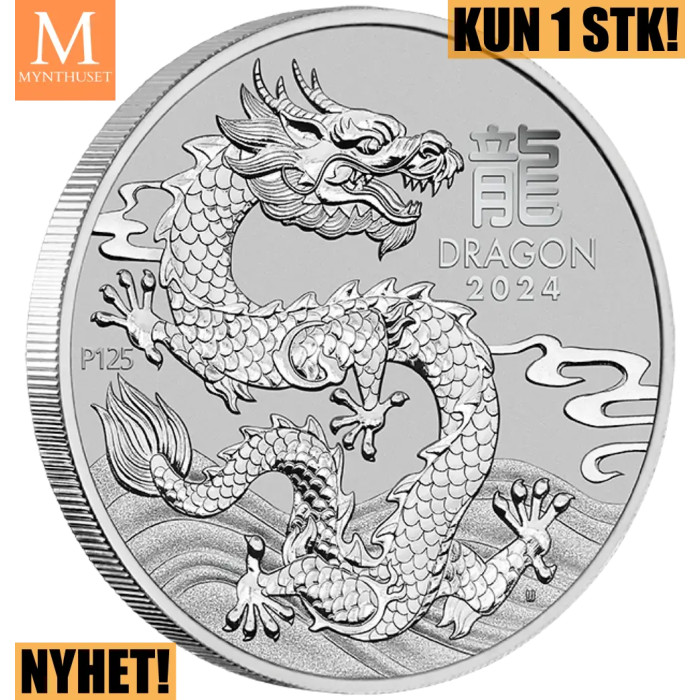 NYHET! Australia 2024 "YEAR OF THE DRAGON" 100 $ 1 OZ PLATINUM  LUNAR SERIE 3 BU I KAPSEL