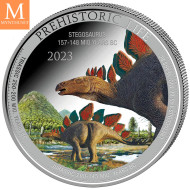 TILBUD!KONGO 2023 STEGOSAURUS 1 oz SØLV FARGE PREHISTORIC LIFE BU I KAPSEL