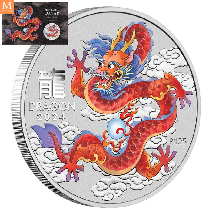 Australia 2024 LUNAR RED DRAGON 1 OZ SØLV PERTH MINT 125TH ANNIVERSARY