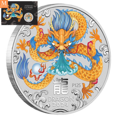 Australia 2024 LUNAR YEAR OF THE DRAGON 1 OZ SØLV PERTH MINT 125TH ANNIVERSARY Australia 2024 LUNAR YEAR OF THE DRAGON 1 OZ SØLV PERTH MINT 125TH ANNIVERSARY