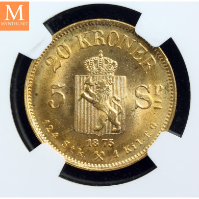 20 kroner/5 SP 1875 kvalitet 0/01, NGC MS66 20 kroner/5 SP 1875 kvalitet 0/01, NGC MS66