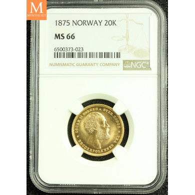 20 kroner/5 SP 1875 kvalitet 0/01, NGC MS66 20 kroner/5 SP 1875 kvalitet 0/01, NGC MS66