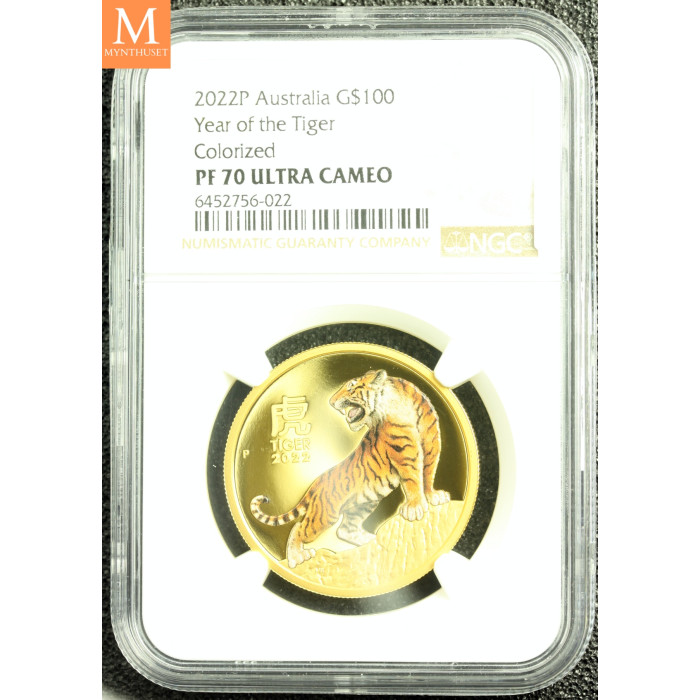 MEGET SJELDEN! Australia 2022 YEAR OF THE TIGER 1 OZ  GULL LUNAR SERIE 3 KVALITET PROOF COLOR NGC PF70