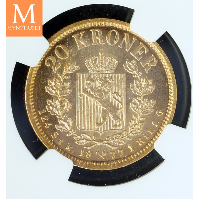 20 kroner 1877 kvalitet 0/01, NGC MS64