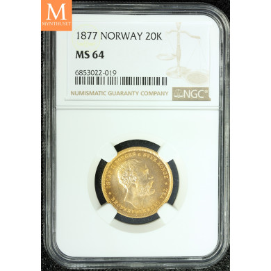 20 kroner 1877 kvalitet 0/01, NGC MS64
