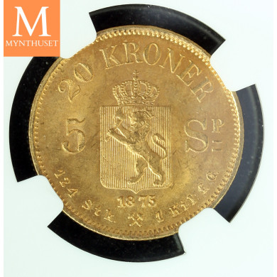 20 kroner 1875 kvalitet 0/01 , NGC MS64 20 kroner 1875 kvalitet 0/01 , NGC MS64