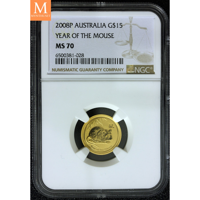 Australia 2008P 15 dollar Year of the mouse 1/10 oz gull MS70 SJELDEN!