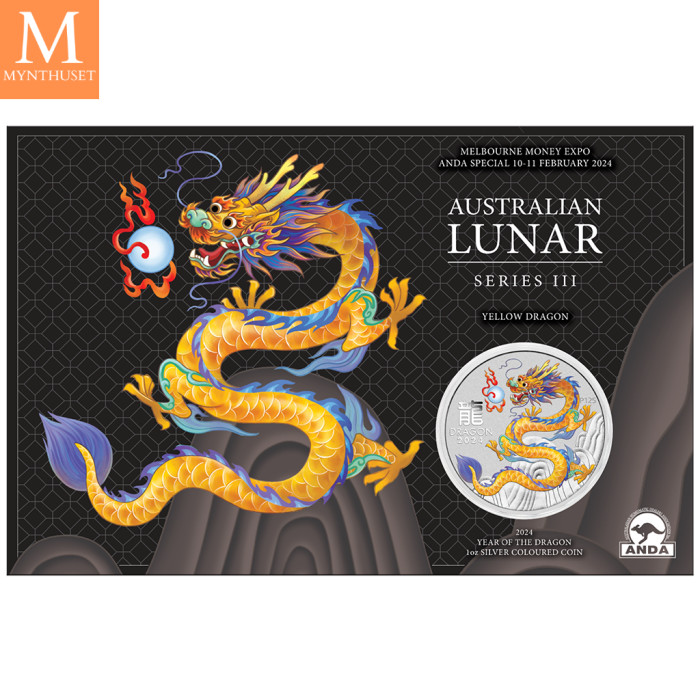 Australia 2024 LUNAR YELLOW DRAGON 1 OZ SØLV PERTH MINT 125TH ANNIVERSARY