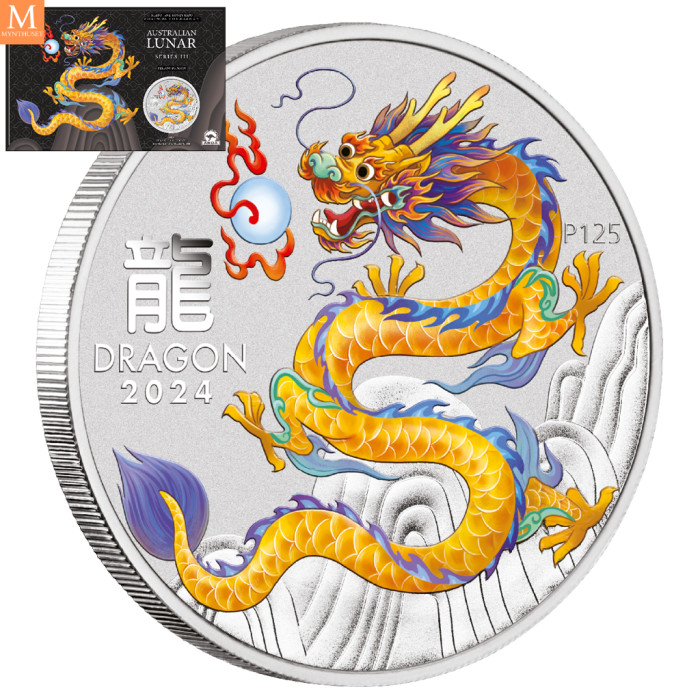 Australia 2024 LUNAR YELLOW DRAGON 1 OZ SØLV PERTH MINT 125TH ANNIVERSARY