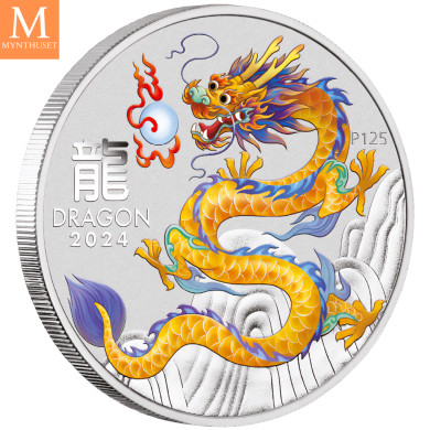 Australia 2024 LUNAR YELLOW DRAGON 1 OZ SØLV PERTH MINT 125TH ANNIVERSARY