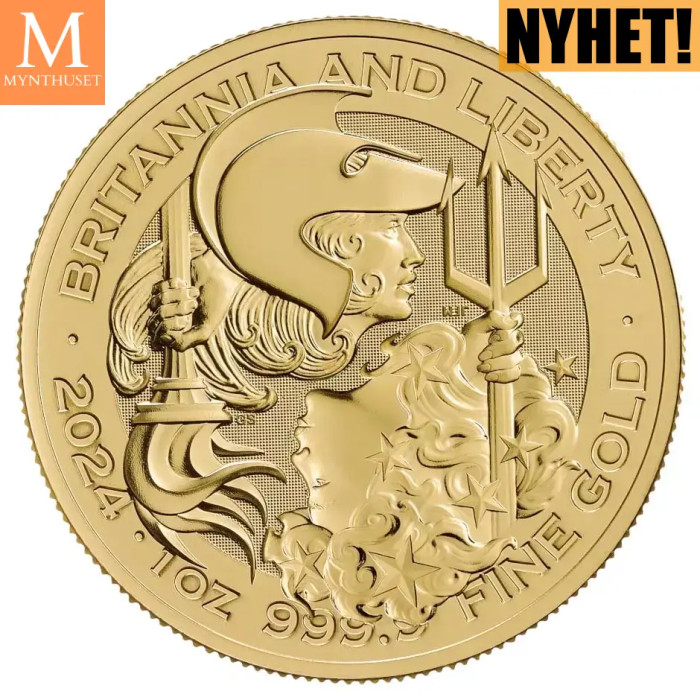 NYHET På lager! Storbritannia 2024 1 oz Gull Britannia and Liberty BU M/kapsel