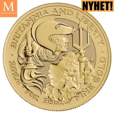 NYHET På lager! Storbritannia 2024 1 oz Gull Britannia and Liberty BU M/kapsel