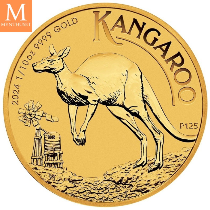 NYHET på lager! Australia 2024 1/10 oz Gull Kangaroo BU M/Kapsel
