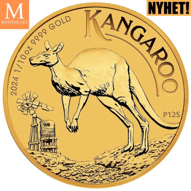 NYHET på lager! Australia 2024 1/10 oz Gull Kangaroo BU M/Kapsel