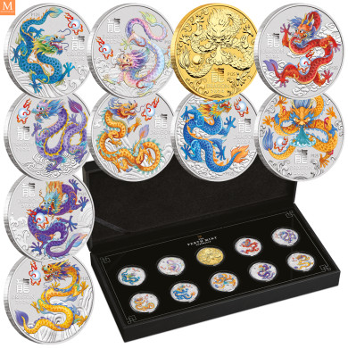 NYHET! Australia 2024 YEAR OF THE DRAGON SETT LUNAR SERIES III. 10 SØLV MYNTER NYHET! Australia 2024 YEAR OF THE DRAGON SETT LUNAR SERIES III. 10 SØLV MYNTER