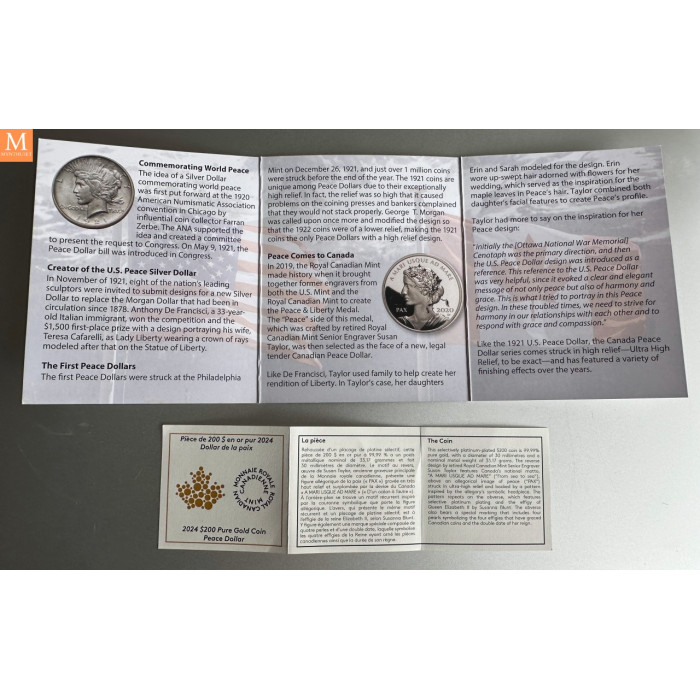 Canada 2024 200 dollar Peace Dollar 1.066 Troy Ounces Gull Kvalitet proof