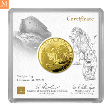 Råstilig! Armenia 100 Dram Noahs Ark 2024 1 gram fint gull i forseglet kapsel med unikt nummer