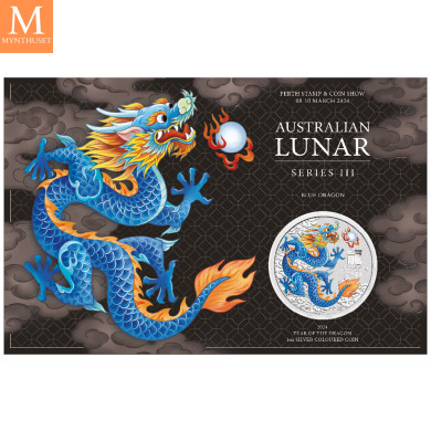Australia 2024 LUNAR BLUE DRAGON 1 OZ SØLV PERTH MINT 125TH ANNIVERSARY