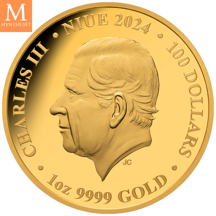 Niue 2024 CHESS  KNIGHT ( SJAKK RIDDER) 1 OZ GULL MOTIVET ER BELAGT MED PLATINUM