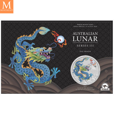 NYHET PÅ LAGER! Australia 2024 LUNAR TEAL DRAGON 1 OZ SØLV PERTH MINT 125TH ANNIVERSARY