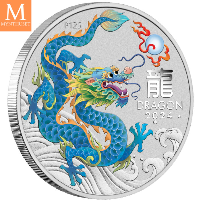 NYHET PÅ LAGER! Australia 2024 LUNAR TEAL DRAGON 1 OZ SØLV PERTH MINT 125TH ANNIVERSARY