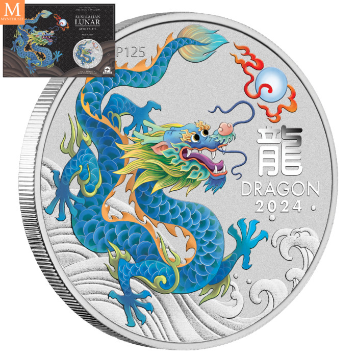 NYHET PÅ LAGER! Australia 2024 LUNAR TEAL DRAGON 1 OZ SØLV PERTH MINT 125TH ANNIVERSARY