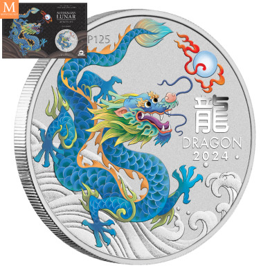 NYHET PÅ LAGER! Australia 2024 LUNAR TEAL DRAGON 1 OZ SØLV PERTH MINT 125TH ANNIVERSARY