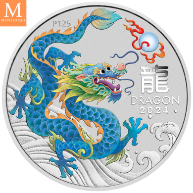 NYHET PÅ LAGER! Australia 2024 LUNAR TEAL DRAGON 1 OZ SØLV PERTH MINT 125TH ANNIVERSARY