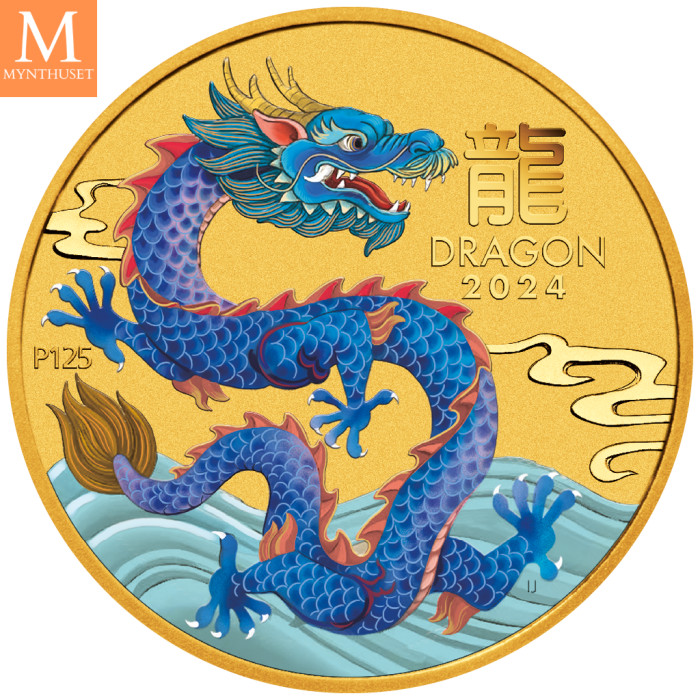 NYHET PÅ LAGER! Australia 2024 1/10 oz Gull Lunar S3 Year of the Dragon Color kvalitet BU i kapsel