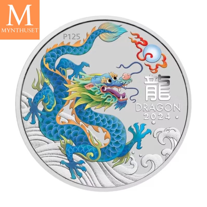 NYHET på lager! Australia 2024 1/2 oz Sølv Lunar S3 Year of the Dragon Farget Teal Dragon BU M/Kapsel