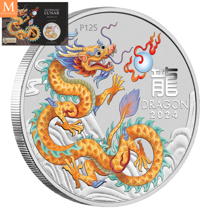 NYHET PÅ LAGER! Australia 2024 LUNAR GOLDEN DRAGON 1 OZ SØLV PERTH MINT 125TH ANNIVERSARY