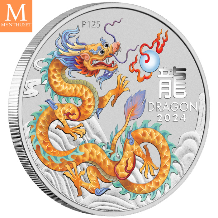 NYHET PÅ LAGER! Australia 2024 LUNAR GOLDEN DRAGON 1 OZ SØLV PERTH MINT 125TH ANNIVERSARY