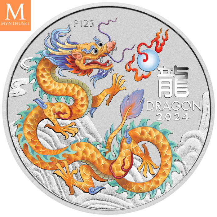 NYHET PÅ LAGER! Australia 2024 LUNAR GOLDEN DRAGON 1 OZ SØLV PERTH MINT 125TH ANNIVERSARY