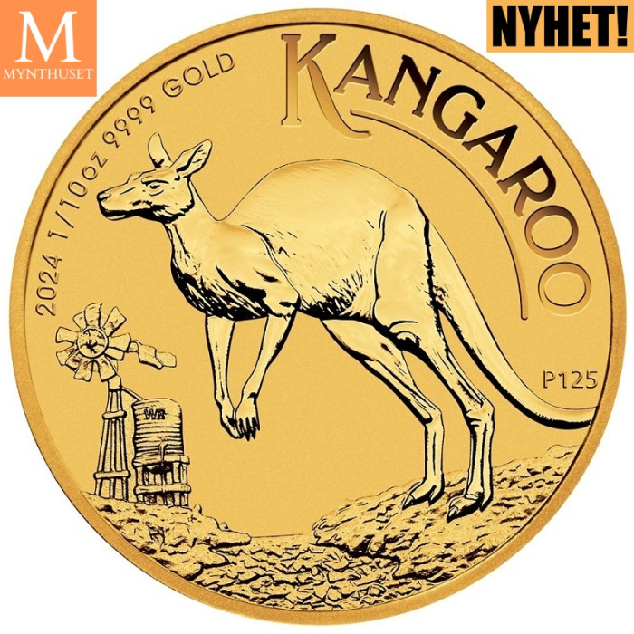 NYHET på lager! Australia 2024 1/10 oz Gull Kangaroo BU M/Kapsel