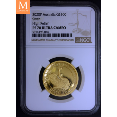 Sjelden! Australia 2020P 100 dollar gull Swan high relief kvalitet proof, NGC PF70 UCAM Sjelden
